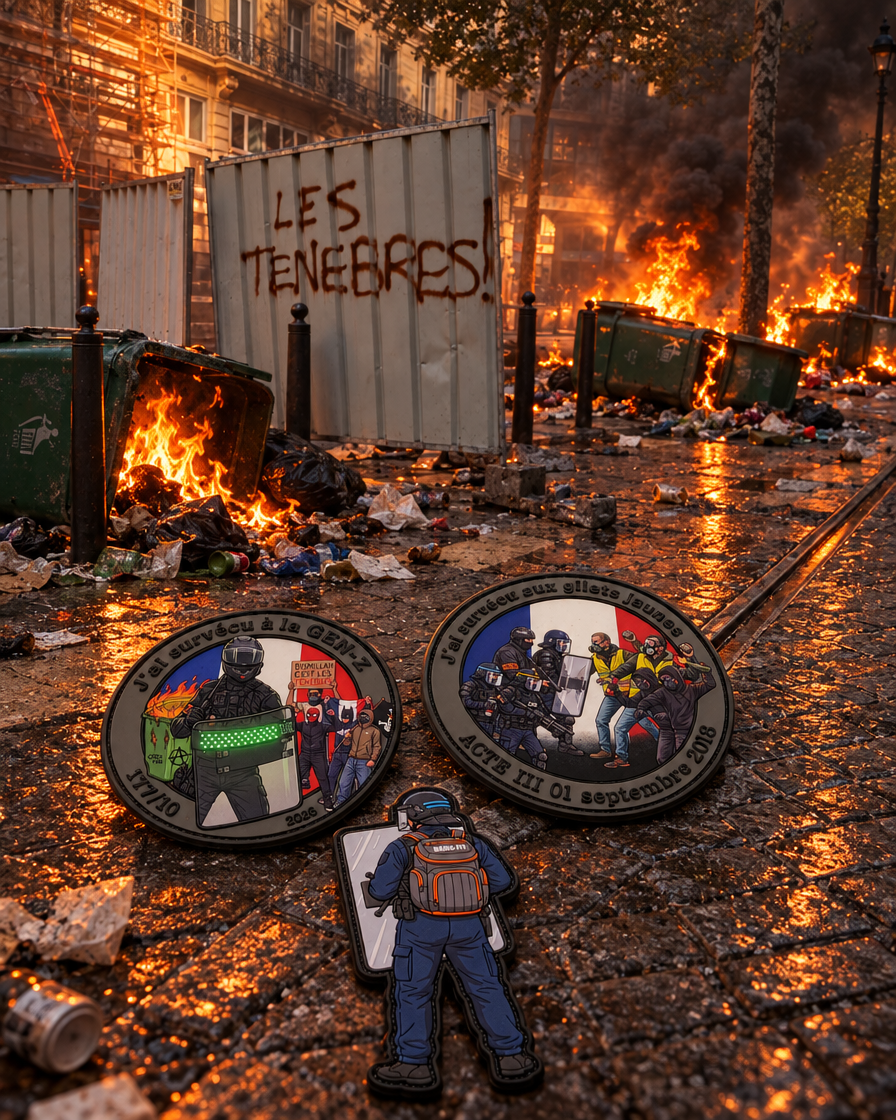 Les 3 nouveaux patchs PVC GREYTEAM devant le graffiti LES TÉNÈBRES