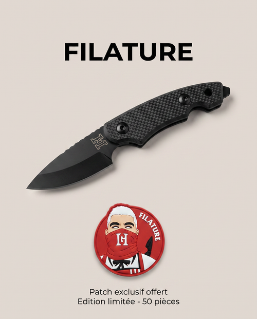 FILATURE, couteau HOMME-GRIS.FR lame noire avec patch exclusif offert